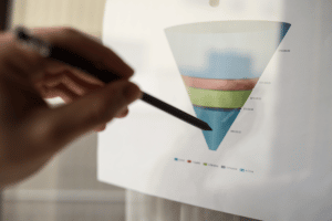 Hand holding pencil and pointing at prospecting funnel.